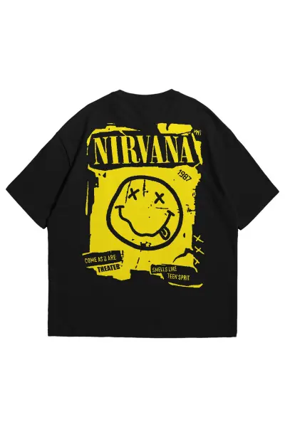 Siyah Renk Nirvana Baskılı Geniş Kesim Unisex Rock Metal T-shirt