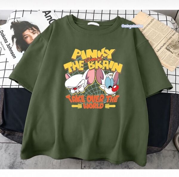Pınky The Braın Take Over The World Baskılı Haki T-Shirt