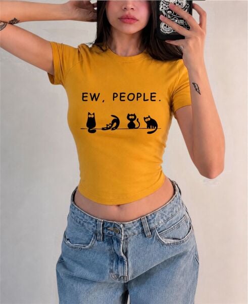 Ew People Baskılı Kemer Boy Y2K Kısa Kollu Crop