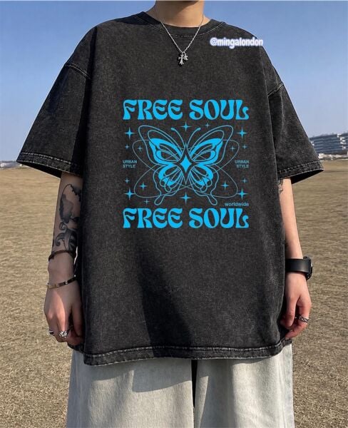 Yıkamalı Kumaş Free Soul Baskılı Oversize T-Shirt