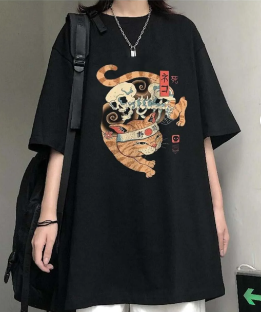 Skeleton Cat Siyah Unisex Oversize T-shirt