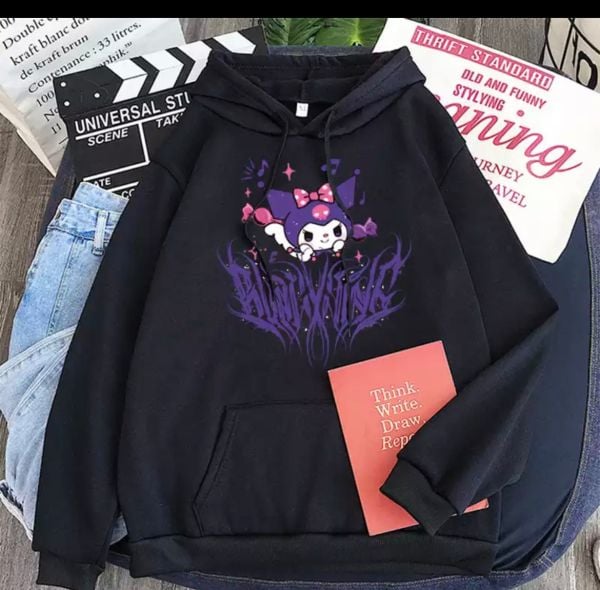 Siyah Kalın Kumaş Kapüşonlu Kuromi Sweatshirt