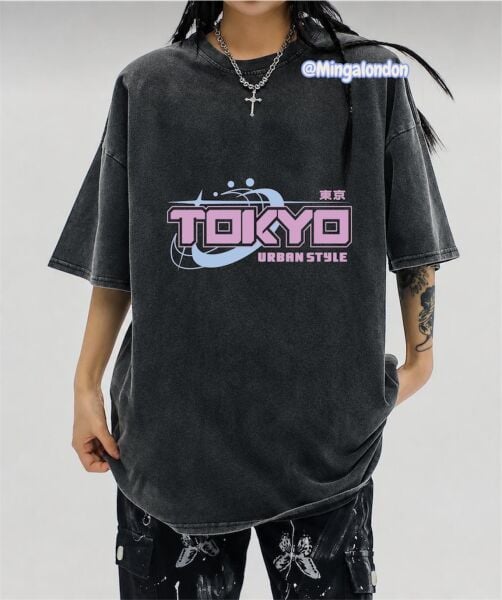 Yıkamlı Kumaş Tokyo Urban Style Baskılı Oversize T-Shirt