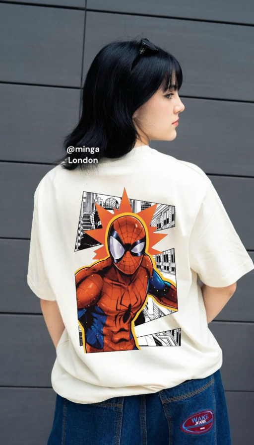 Spiderman New Season Arka Baskılı Oversize Bej Tişört