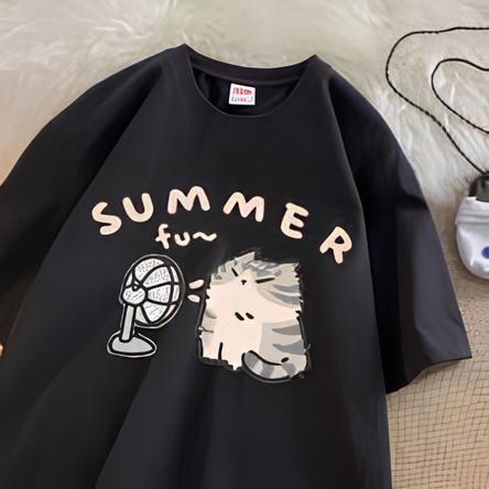 Summer Cat Baskılı Siyah Unisex Oversize T-shirt