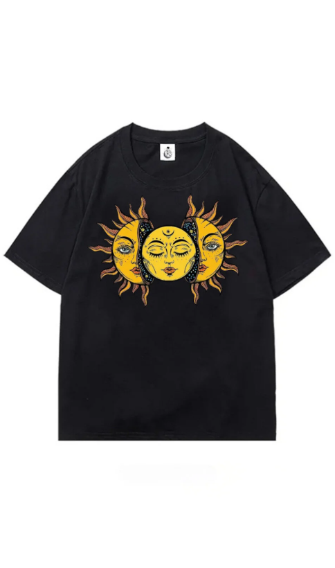 Sun And Moon Oversize Unisex Siyah T-Shirt