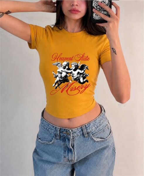Heavent State Misery Baskılı Kemer Boy Y2K Kısa Kollu Crop