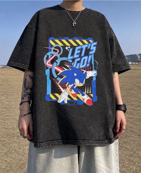Yıkamalı Kumaş Sonic Let's Go Baskılı Oversize T-Shirt