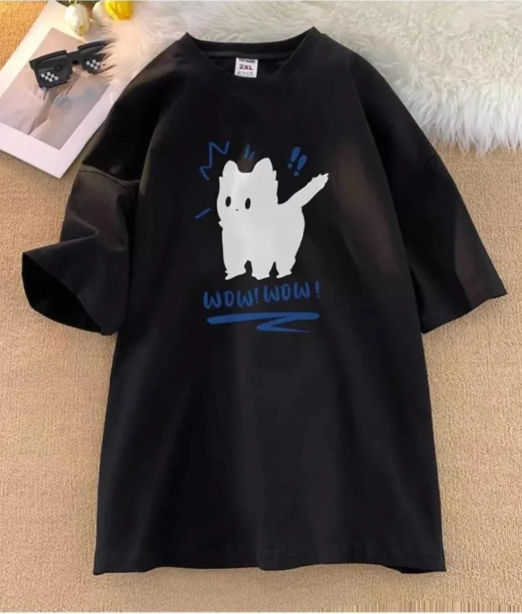 Wow Cat Baskılı Siyah Unisex Oversize T-shirt