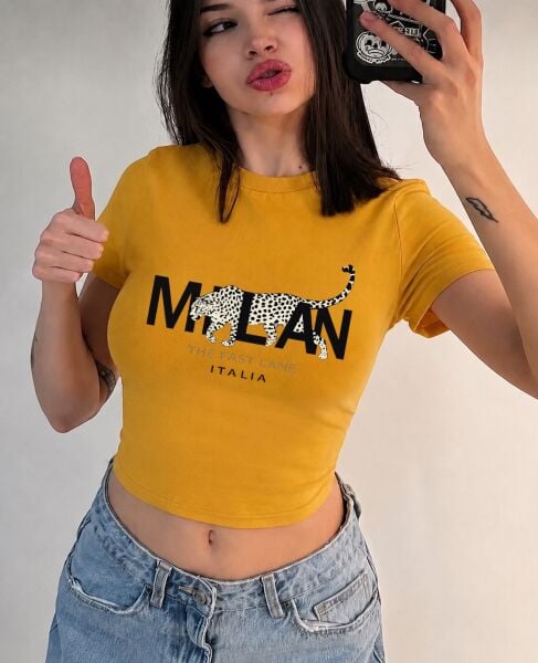 Mılan The Fast Lane Italıa Leopar Baskılı Kemer Boy Y2K Kısa Kollu Crop
