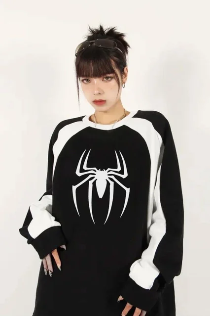 Siyah Y2K Streetwear Spider Baskılı Bisiklet Yaka Sweatshirt