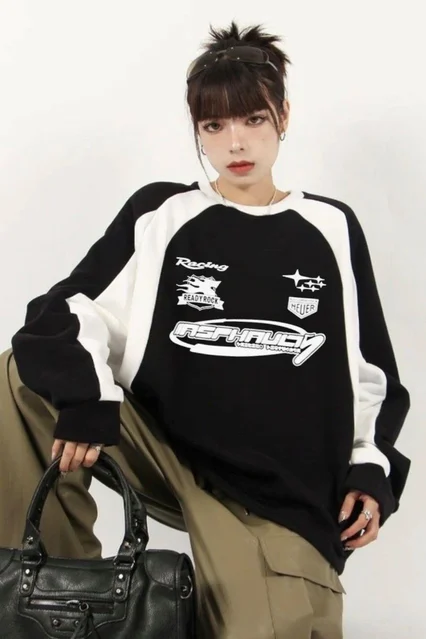 Siyah Y2K Streetwear Racing Have Baskılı Bisiklet Yaka Sweatshirt