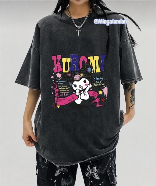 Yıkamalı Kumaş Renkli Yazılı Kuromi Baskılı Oversize T-Shirt