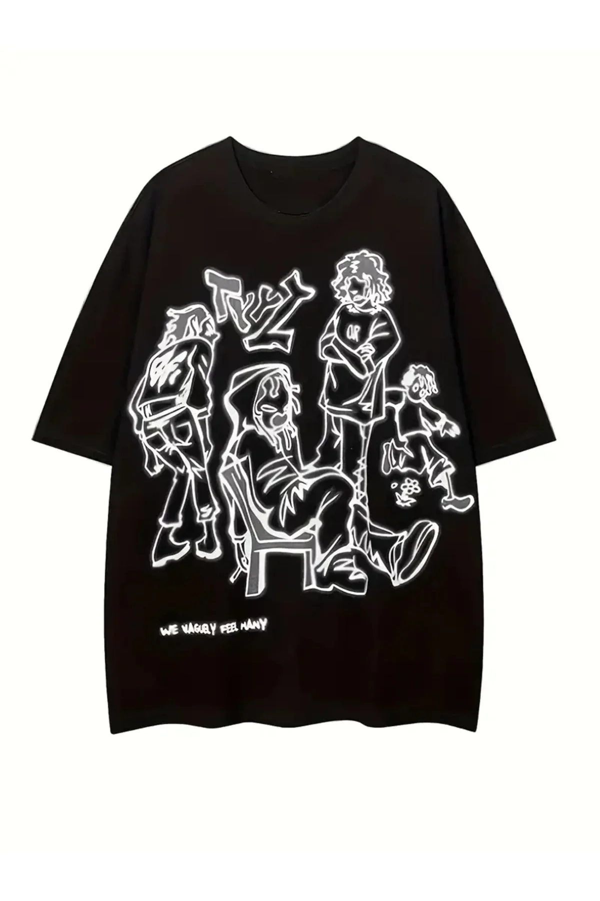 Y2K Retro People Baskılı Unisex Oversize Siyah T-Shirt