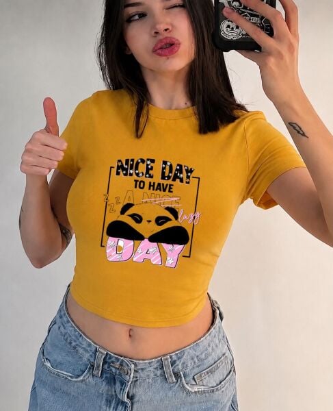 Nıce Day To Have A Nıce Day Panda Baskılı Kemer Boy Y2K Kısa Kollu Crop