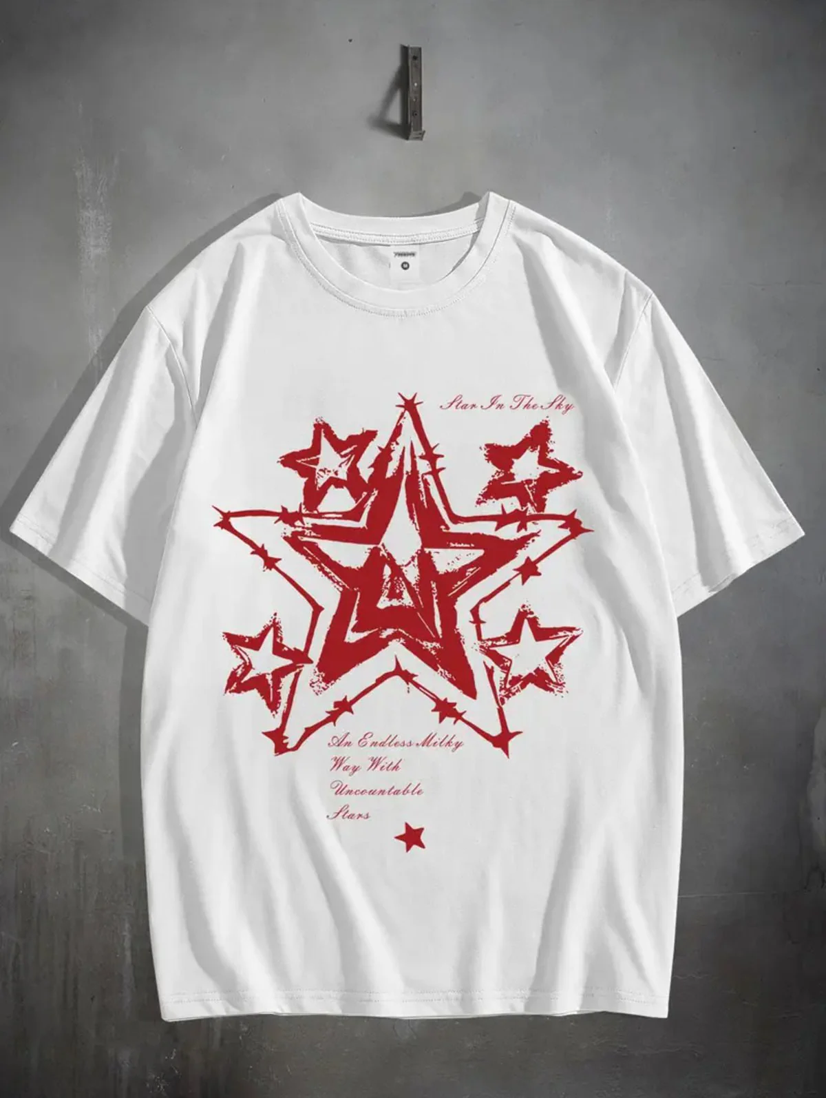 Star Baskılı Unisex Oversize Beyaz T-Shirt