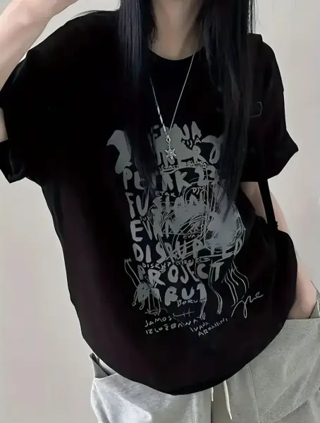 Streetwear Paint Baskılı Unisex Oversize Siyah T-Shirt