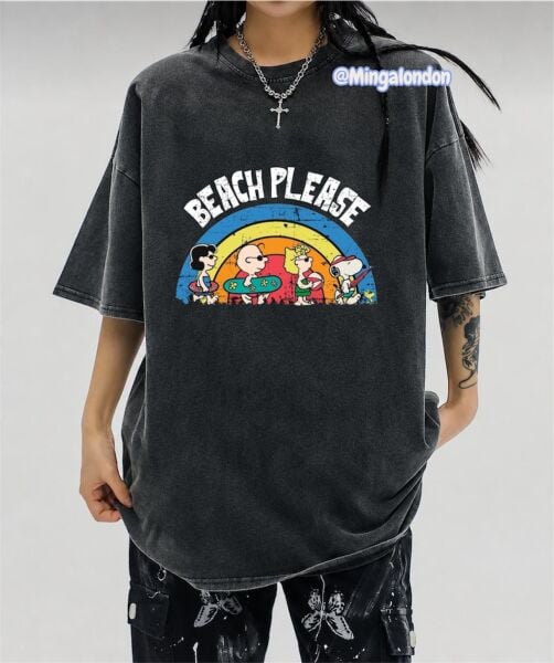 Yıkamalı Kumaş Beach Please Baskılı Oversize T-Shirt