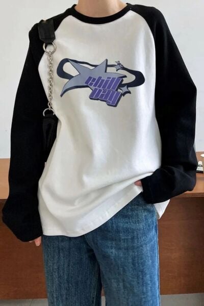 Beyaz Unisex Reglan Chill Day Uzun Kol Tişört