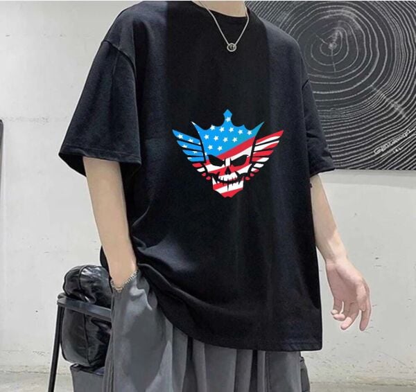 Amerikan Bayrağı Kanatlı Kurukafa Baskılı Siyah T-Shirt