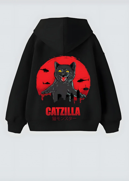 Catzilla Tasarım Unisex Oversize Kapşonlu Hoodie Sweatshirt