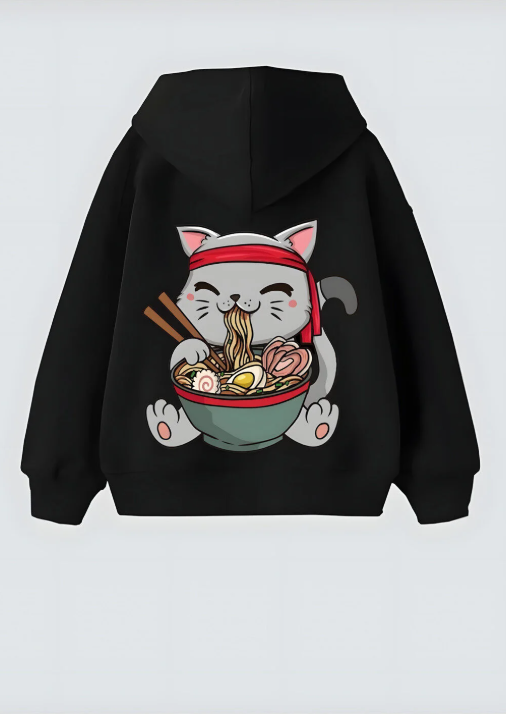 Cute Cat Ramen Tasarım Unisex Oversize Kapşonlu Hoodie Sweatshirt