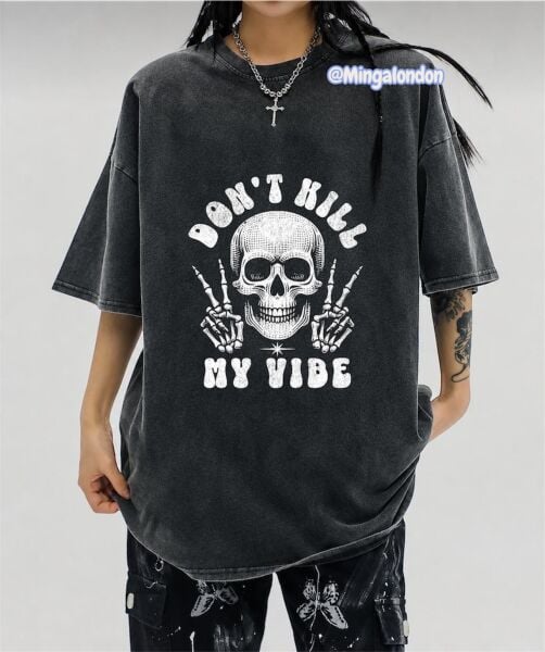 Yıkamalı Kumaş Kuru Kafalı Don't Hıll My Vıbe Baskılı Oversize T-Shirt