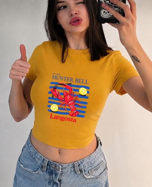 Hunter Bell Langosta Baskılı Kemer Boy Y2K Kısa Kollu Crop