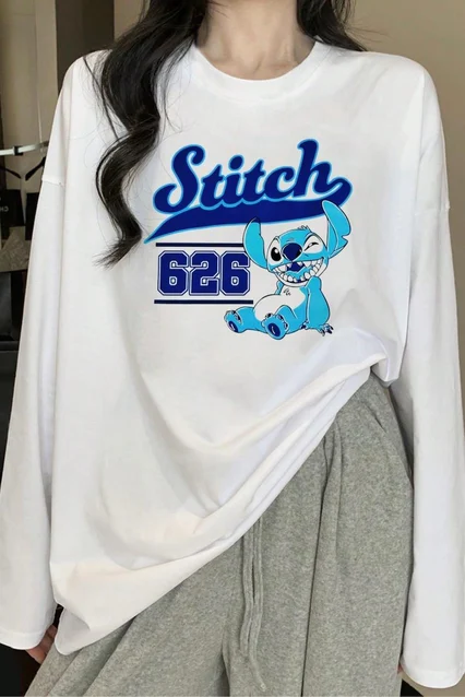 Beyaz Unisex Stitch Karakter Uzun Kol T-Shirt