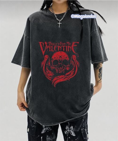Yıkamalı Kumaş Bullet For My Valentıne Baskılı Oversize T-Shirt
