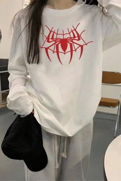 Beyaz Unisex Kırmızı Spider Web Uzun Kol T-Shirt