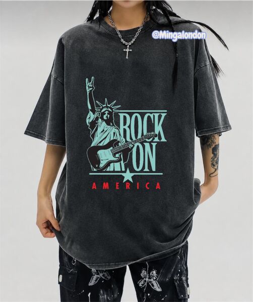 Yıkamalı Kumaş Rock On Amerıca Baskılı Oversize T-Shirt