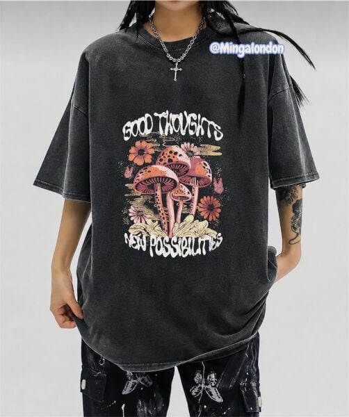 Yıkamalı Kumaş  Good Thoughts New Possıbılıtıes Baskılı Oversize T-Shirt