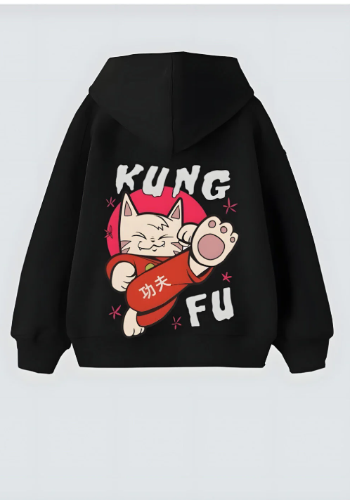 Kung Fu Cute Cat Tasarım Unisex Oversize Kapşonlu Hoodie Sweatshirt