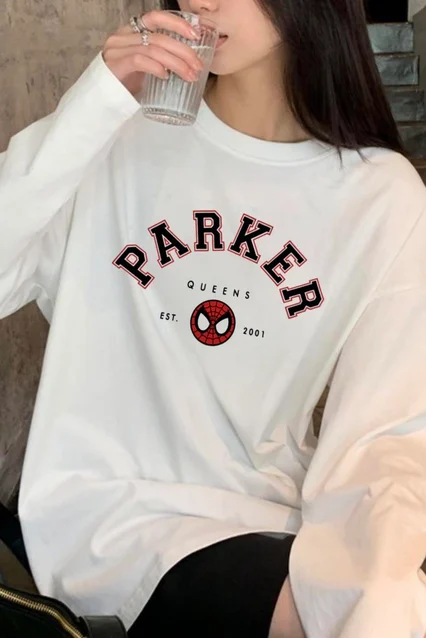 Beyaz Unisex Peter Parker Uzun Kol T-Shirt