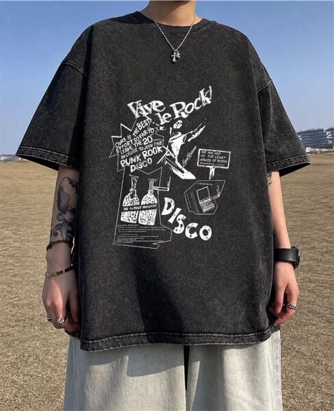 Yıkamalı Kumaş Vive Le Rock Dısco Baskılı Oversize T-Shirt