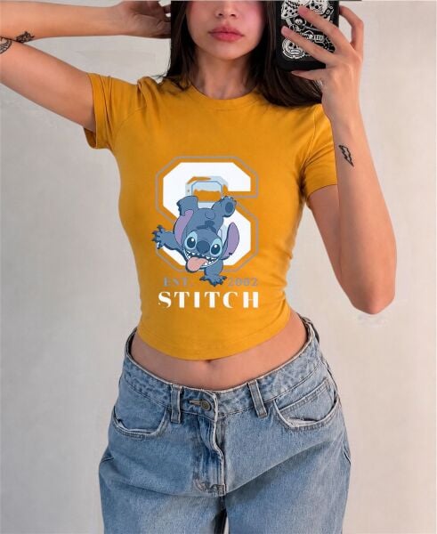 Est 2002 Stıtch Baskılı Kemer Boy Y2K Kısa Kollu Crop