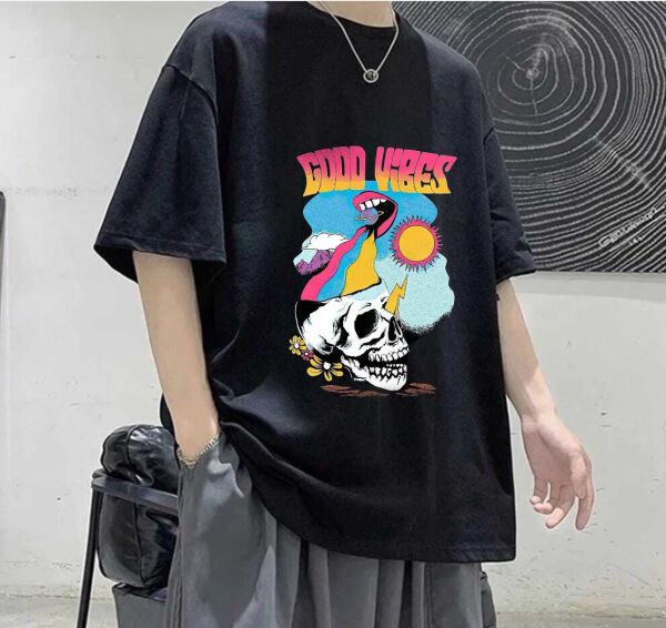 Good Vibes Baskılı Siyah T-Shirt