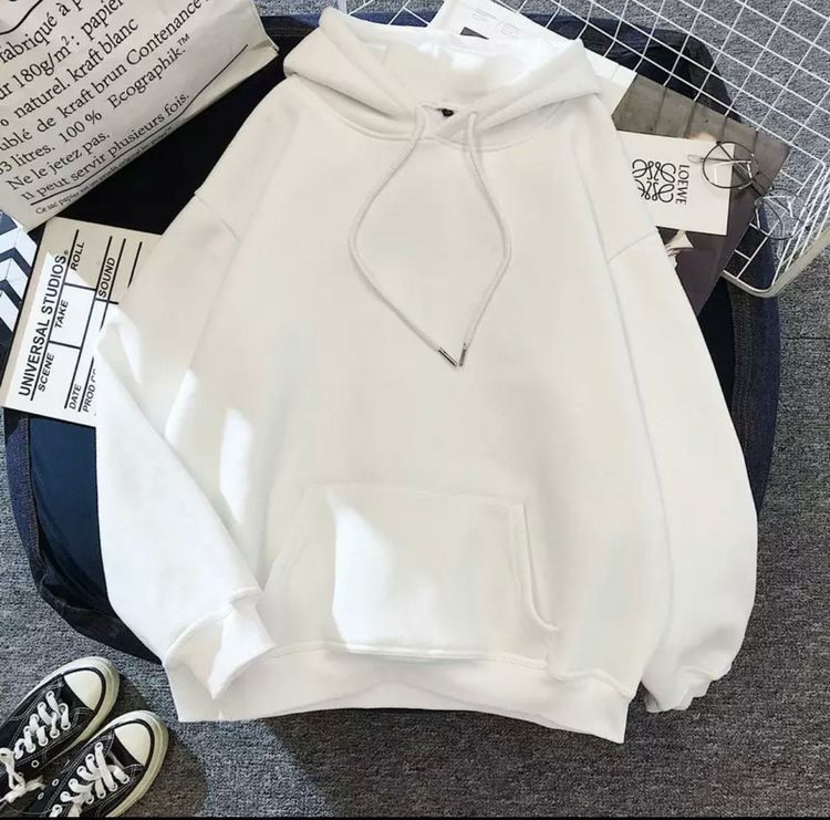 Düz Beyaz Oversize (Unisex) Kalın Kumaş Kapşonlu