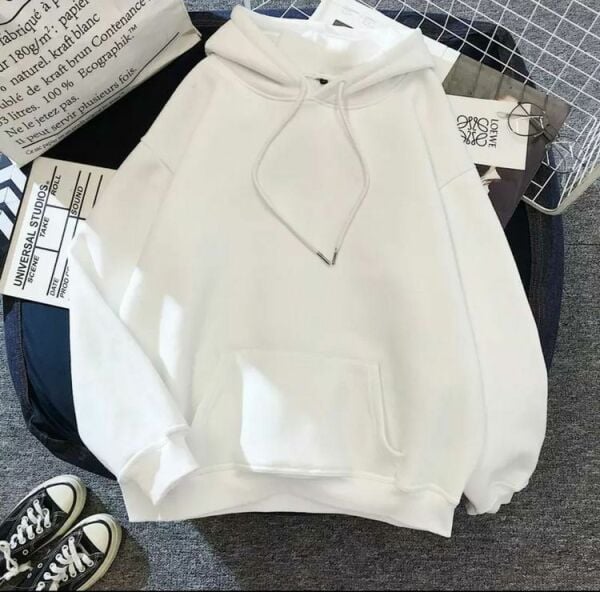 Düz Beyaz Oversize (Unisex) Kalın Kumaş Kapşonlu