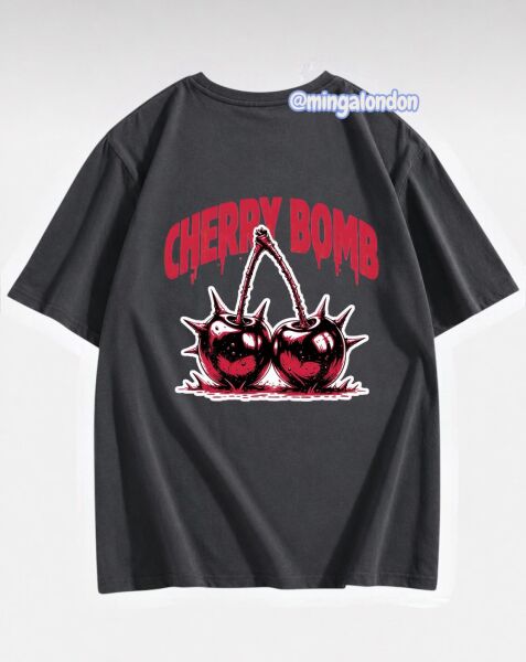 Cheryy Bomb Sırt Baskılı Füme T-Shirt