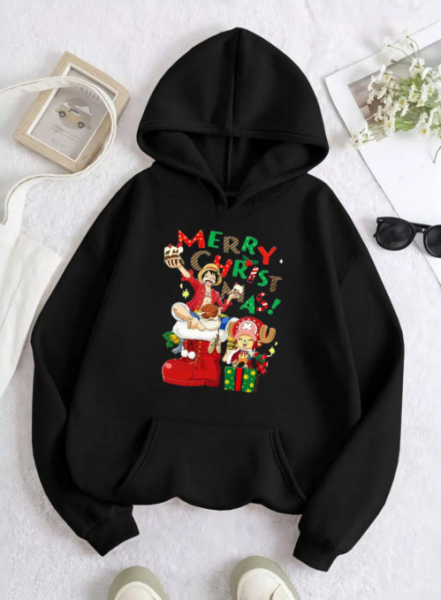 One Piece Merry Christmas Baskılı Kapşonlu Sweatshirt