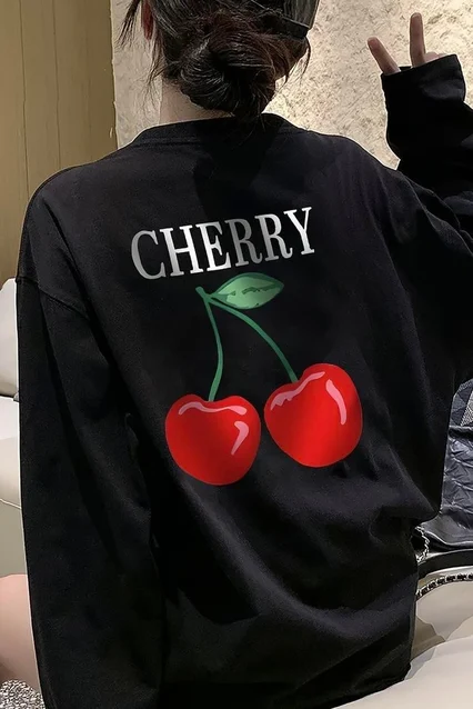 Siyah Unisex Sırt Baskılı Cherry Uzun Kol T-Shirt