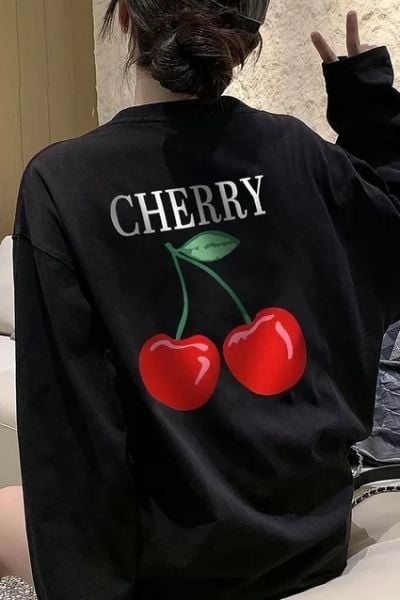 Siyah Unisex Sırt Baskılı Cherry Uzun Kol T-Shirt