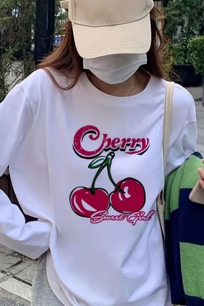 Beyaz Unisex Cherry Sweet Girl Uzun Kol T-Shirt