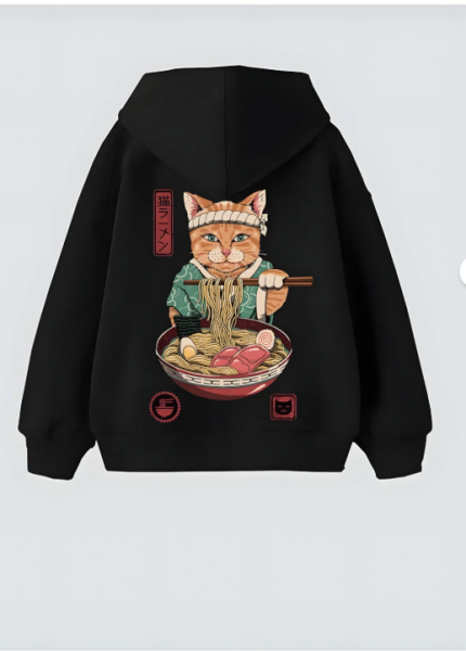 Ramen Cute Cat Tasarım Kapşonlu Unisex Sweatshit Hoodie