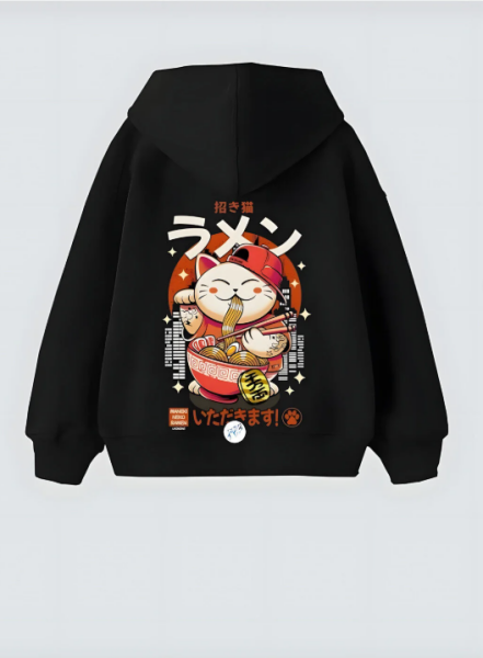 Ramen Cute Cat Tasarım Kapşonlu Unisex Sweatshit Hoodie