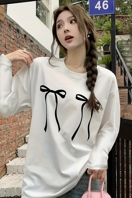 Beyaz Unisex Two Black Ribbon Uzun Kol T-Shirt