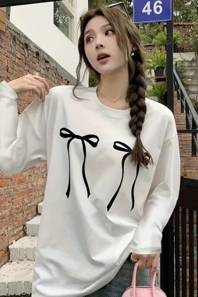 Beyaz Unisex Two Black Ribbon Uzun Kol T-Shirt