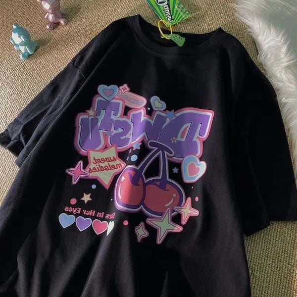 Cartoon Cherry Siyah T-Shirt ( Unisex )